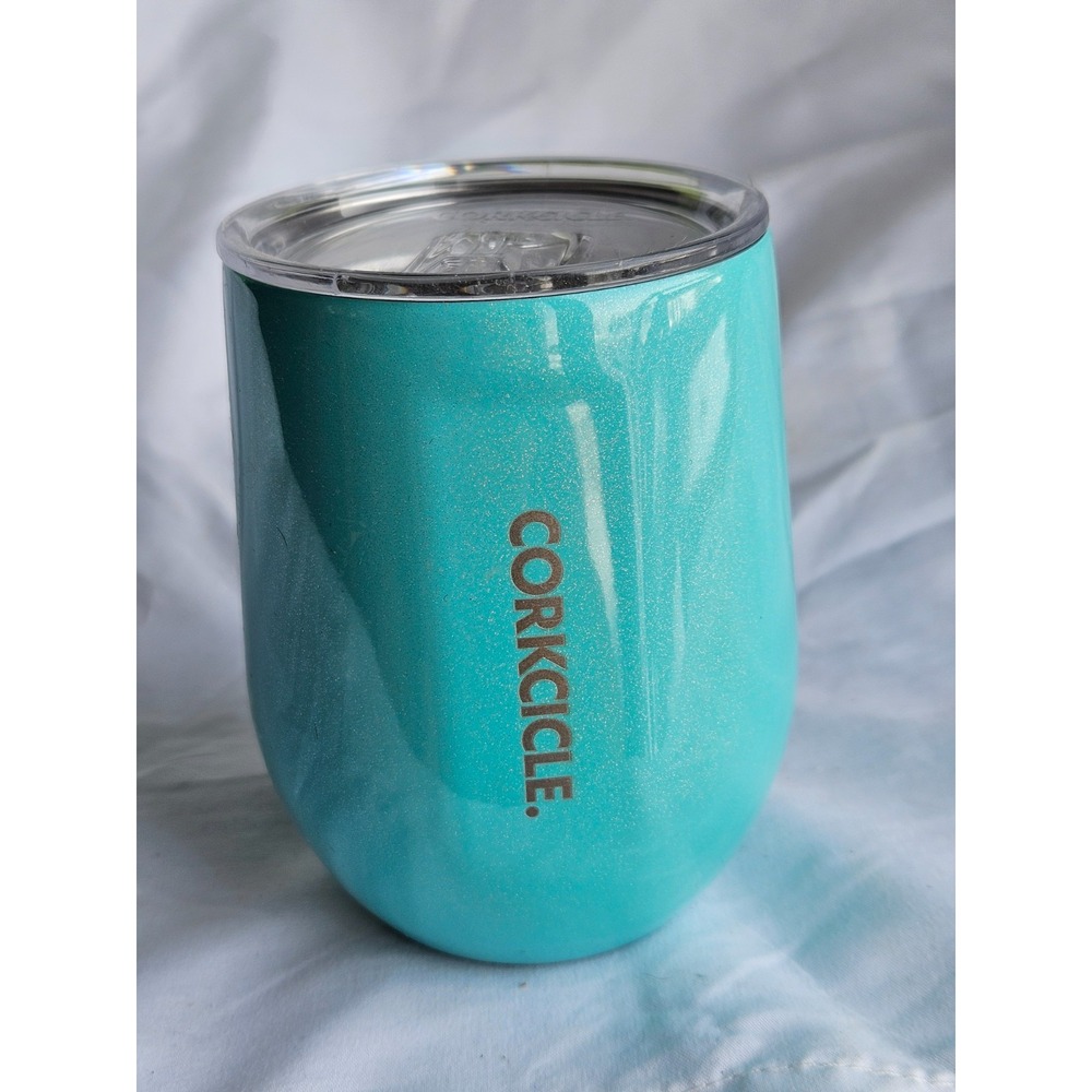 New Corkcicle Stemless Cup Teal Aqua Glitter Insulated Wine Glass cold hot 12 oz